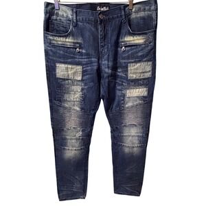 Embellish Biker Jeans Mens Blue Excellent Distressed Moto Patchwork Denim 38x33